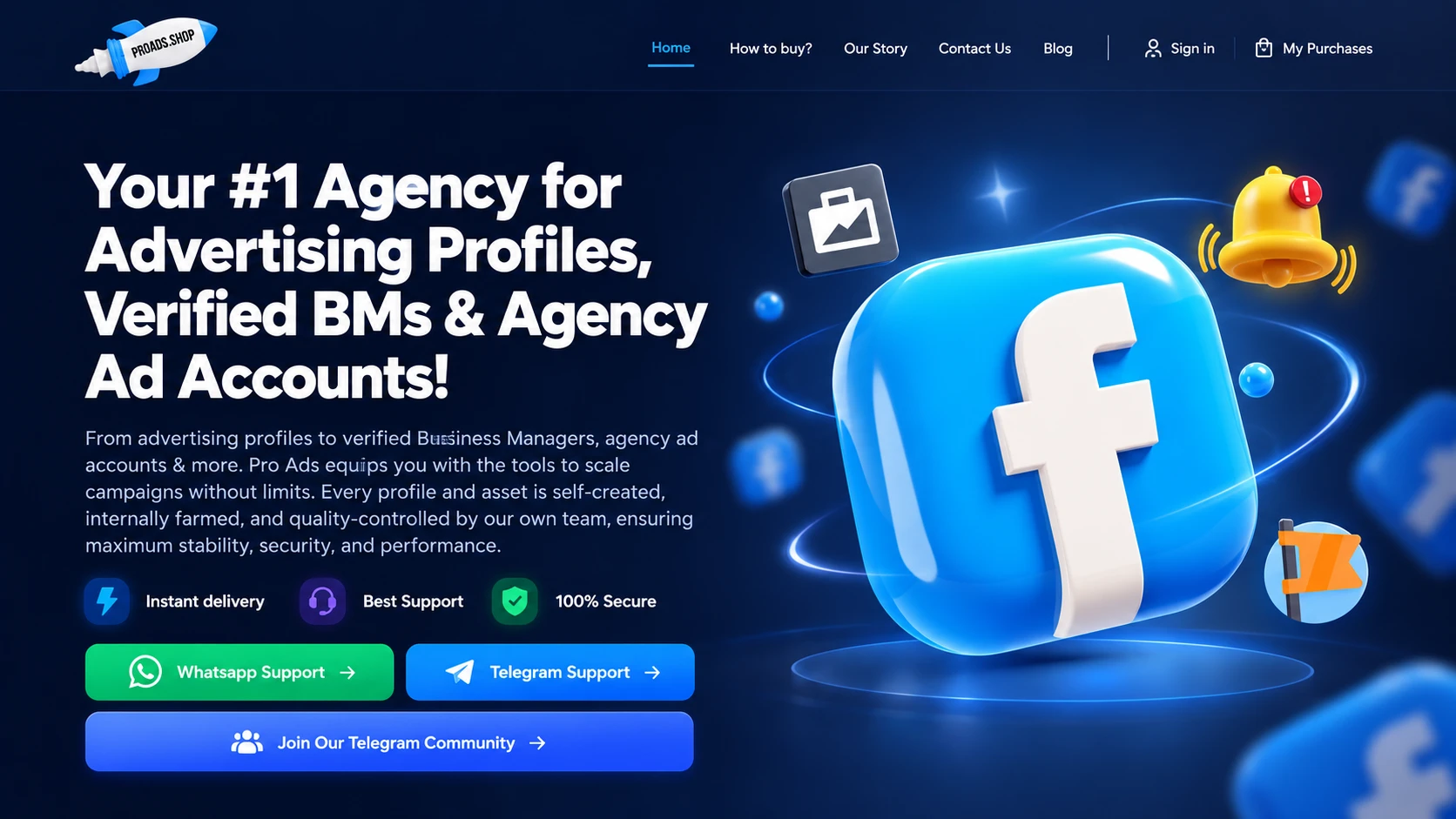Screenshot of a website selling advertising profiles, Business Managers and ad accounts